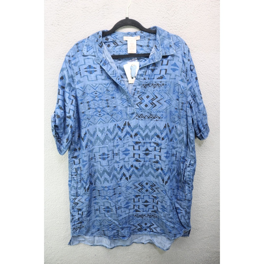 Philosophy Short Roll Tab Sleeve Chambray Southwestern Dress-Pockets-XL-NWT
